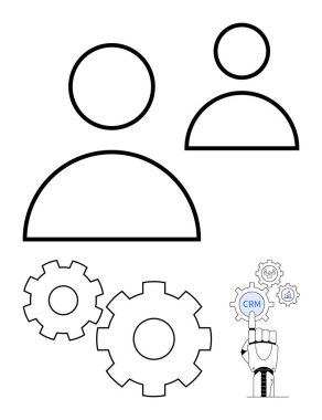 Kullanıcı avatarları, çeşitli vites simgeleri organizasyonel ya da mekanik elementleri gösterir, robotik eller CRM tuşuyla etkileşir. Otomasyon, CRM, kullanıcı profilleri, teknoloji, iş akışı optimizasyonu için ideal
