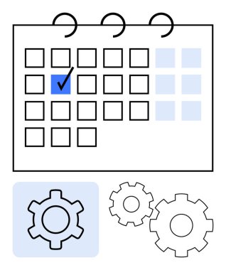 İşlem işaretli takvim belirli bir günü ve süreç planlamasını gösteren üç vitesi vurguluyor. Zamanlama, proje yönetimi, üretkenlik araçları, süreç optimizasyonu ve iş için ideal