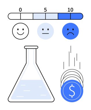Sıvı kimya şişesi, mutluluktan üzüntüye duygusal ölçek ve düşen paralar. Araştırma finansmanı, bilimsel deneyler, duygusal tepkiler, mali yatırım, laboratuvar, eğitim için ideal