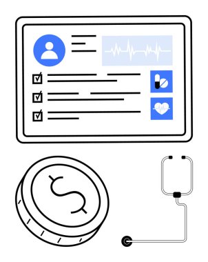 Hasta detayları, ilaçlar ve kalp ikonu içeren dijital sağlık raporlarını gösteren tablet. Yanında dolar işareti ve steteskop olan sikke. Sağlık, teknoloji, finans, tıbbi fatura için ideal