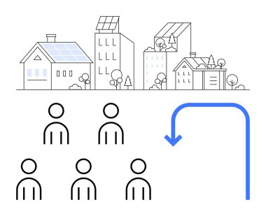 Güneş panelli evler, yüksek binalar, ağaçlar ve minimalist figürlerle temsil edilen topluluk üyeleri. Mavi ok toplum bağlantısını ya da etkileşimini gösterir. Yenilenebilir enerji için ideal