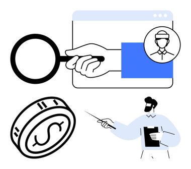 Profilin üstünde büyüteç, gömlek ve kravat, yuvarlak para, sunum raporu. İşe alım, finans, online arama, sunumlar, iş toplantıları çalışanları için ideal