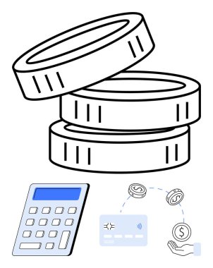 Hesap makinesinin, kredi kartının ve para transfer ikonlarının yanına para yığılmış. Finansal uygulamalar, bütçe araçları, muhasebe yazılımı, iş sunumları, eğitim içeriği, yatırım için ideal