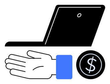 Dizüstü bilgisayar, uzanmış el ve dolar ikonu modern ticaret, yatırım ve teknolojiyi sembolize eder. Finans, iş, e-ticaret, dijital işlemler için ideal teknoloji çevrimiçi ticaret
