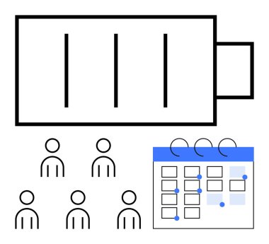 Altı kişinin yanında pil simgesi ve işaretli tarihli takvim. Üretkenlik, zaman yönetimi, takım çalışması, enerji tasarrufu, proje planlaması, programlama, organizasyon için ideal. Satır metaforu