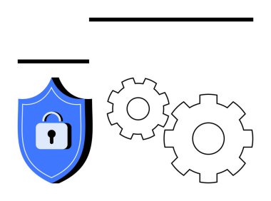 İki dişlinin yanında kilit simgesi olan mavi bir kalkan. Siber güvenlik, veri koruması, bilişim güvenliği, sistem bakımı, ağ güvenliği, risk yönetimi ve teknoloji altyapısı için ideal. Satır metaforu