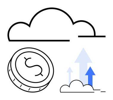 Bulut, dolar işareti olan bozuk para, buluttan yükselen oklar. Finans, teknoloji, büyüme, iş geliştirme, dijital dönüşüm bulutların depolanması için idealdir. Satır metaforu