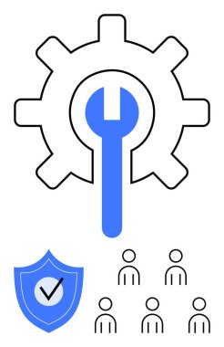 Vites ve İngiliz anahtarı, bakımı sembolize etmek için birleşir, işaretli kalkan güvenliği simgeler, bir grup insan takım çalışmasını ve işbirliğini temsil eder. Güvenlik, takım çalışması ve işbirliği konuları için ideal