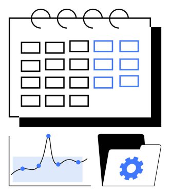 Takvim ızgarası veri analizi çizelgesi mavi noktalı ve dişli sembollü bir klasör. Üretkenlik, programlama, veri analizi, organizasyon, planlama, teknoloji ve iş için ideal. Çizgi