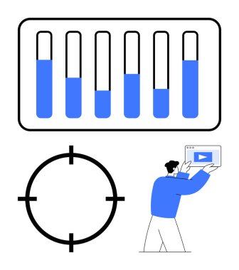 Mavi sıvı test tüpleri, hedef sembol ve ekranda video içeriği sunan bir adam. Bilimsel araştırmalar, laboratuvar testleri, hedefleme, video dersleri, sunumlar, eğitim dijital