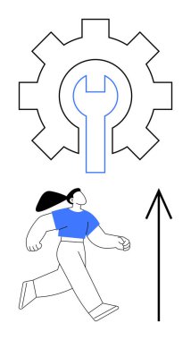 İçinde ingiliz anahtarı ve yukarı doğru ilerleyişi simgeleyen bir okla yürüyen bir kadın. İş, teknoloji, kişisel büyüme, eğitim, kalkınma, girişimcilik, hedef belirleme için ideal