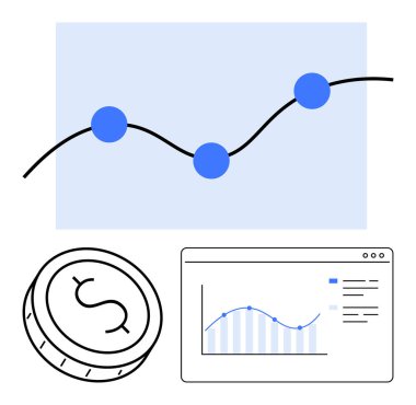 Üç mavi noktalı çizgi grafiği, dolar işaretli bozuk para ve ekranda sergilenen mali veriler. Mali raporlar, ekonomik analiz, yatırım stratejileri, iş büyümesi ve pazarlama için ideal