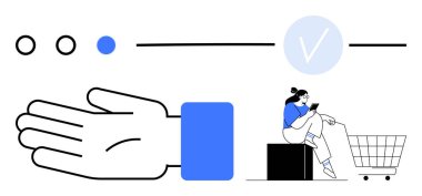 El, daireler, sıra, kontrol işareti, telefonu olan kişi, alışveriş arabası. E-ticaret, kullanıcı arayüzü çevrimiçi alışveriş teknolojisi dijital etkileşimli kullanıcı deneyimi görselleştirme için idealdir. Çizgi