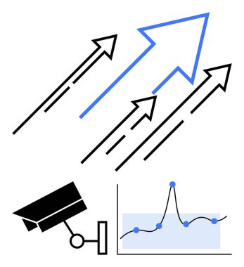 Arrows soar upwards security camera watches graph charts progress. Ideal for themes of growth, monitoring, data analysis, security, surveillance, progress, strategy. Line metaphor clipart