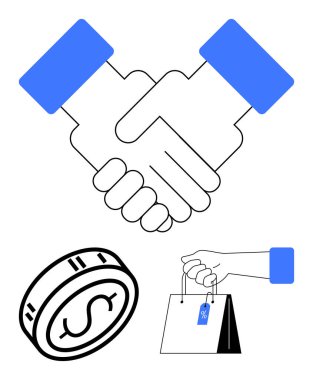 Ortaklığı ya da anlaşmayı sembolize eden tokalaşma, mali işlemleri gösteren dolar parası ve indirim etiketli el sıkışma. İş anlaşmaları, finans konuları ve ticaret için ideal