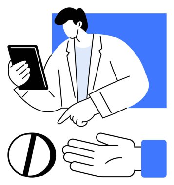 Adamın elinde tablet var ve mavi kollu el hareketinin üzerinde giriş işareti yok. İş, teknoloji, karar verme, planlama, içki yasağı, etkileşim, rehberlik için idealdir. Satır metaforu