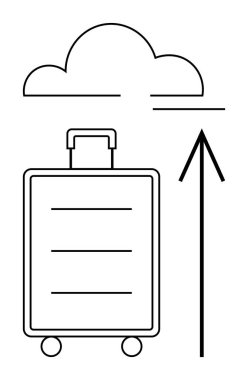 Tekerleklerin üzerinde yukarı doğru ok ve bulut var. Seyahat planlama, seyahat başlangıcı, iş gezileri, tatiller, hedef başarısı, macera başlangıcı ve yükselen ilerleme için idealdir. Çizgi