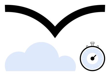 Siyah kuş silueti açık mavi bulut ve basit bir saat. Havacılık, zaman yönetimi, farkındalık, basitlik, özgürlük, dinginlik, dakiklik için idealdir. Satır metaforu