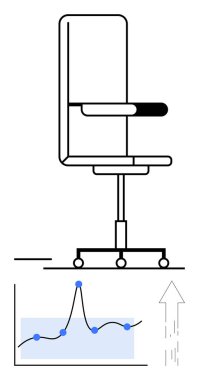 Tekerlek çizgisi olan ofis sandalyesi yukarı doğru ok işaretli. İş büyümesi, kariyer ilerlemesi, işyeri dinamikleri, verimlilik, gelişme, üretkenlik ve hırs için ideal. Satır metaforu