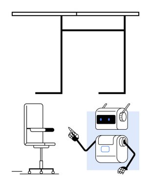 Üstü levha ve metal çerçeveli bir masa, yuvarlanan bir ofis sandalyesi ve dostça ifadeli bir robot. Ofisler için ideal, yapay zeka yardımı, modern çalışma alanları, teknoloji, otomasyon, geleceksel tasarım
