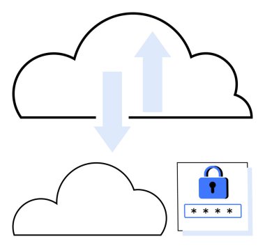Veri transferini temsil eden oklarla bulut hesaplaması ve güvenlik için şifresi olan bir asma kilit. Veri depolama, siber güvenlik, çevrimiçi hizmetler, teknoloji, bilişim altyapısı, bulut güvenliği için ideal