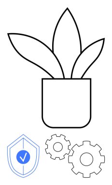 Büyümeyi sembolize eden saksı bitkisi, güvenliği temsil eden işaretli kalkan ve işlevselliği gösteren dişliler. İş stratejisi, üretkenlik, teknoloji, sağlık, sağlık, güvenlik için ideal