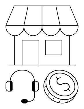 Small storefront with an awning, customer service headset, and coin with dollar sign. Ideal for business operations, customer support, small businesses, e-commerce, retail management, financial clipart