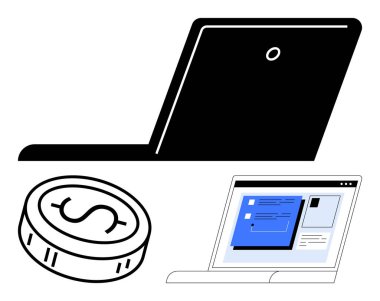 Yan görüntüde dizüstü bilgisayar, dolar işareti olan bozuk para, görev yönetimi arayüzü olan laptop ekranı. Finans, uzaktan çalışma, bütçe, proje yönetimi, teknoloji, iş verimliliği ve çevrimiçi için ideal