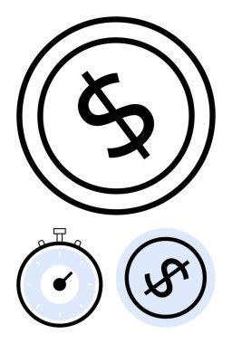 Çember kronometredeki dolar işareti mavi dairede. Finans, yatırım, tasarruf, zaman yönetimi, verimlilik, ekonomik değer, bütçe temaları için ideal. Satır metaforu