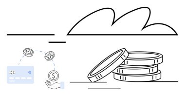 Kredi kartının yanında el ele tutuşma ve yüzen paralar dijital işlem bağlantısını gösteriyor. Finans, bankacılık, çevrimiçi ödemeler, e-ticaret, dijital cüzdanlar, fintech, tasarruf için ideal. Çizgi