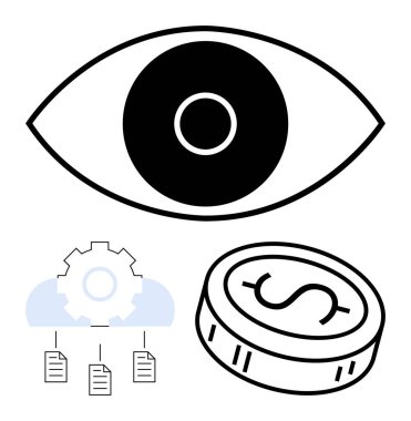 Göz sembolü, dolar parası, bulut depolama teçhizatı ve belgeler. Finans, güvenlik, vizyon, veri yönetimi, yatırım bulutu teknolojisi dijital ekonomi için idealdir. Satır metaforu