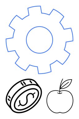 Teknoloji öneriyor, madeni para finansı sembolize ediyor, elma sağlığı temsil ediyor. İş, eğitim, sağlık, teknoloji, ekonomi, yatırım refahı için idealdir. Satır metaforu