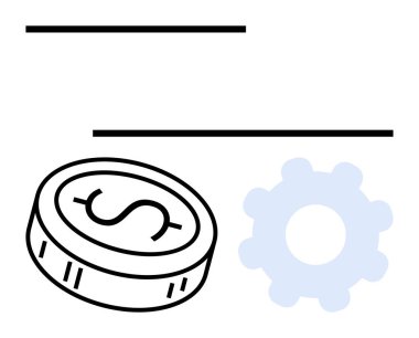 İki yatay çizginin altındaki dişlinin yanında dolar işareti olan bozuk para. Finansal işlemler, iş sinerjisi, tasarruflar, ekonomik planlama, otomasyon, fintech çözümleri, stratejik yönetim için ideal
