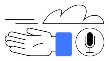 El hareketinin, bulutun ve mikrofonun vektör görüntüsü. İletişim, teknoloji, konuşma, podcast, bulut hizmetleri el hareketleri sunumları için idealdir. Satır metaforu