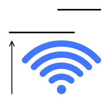 Mavi kablosuz sinyal simgesi, yukarı doğru siyah ok ve çizgilerle. Teknoloji, bağlantı, büyüme, ilerleme, strateji, yenilik ve dijital iletişim konuları için idealdir. Satır metaforu