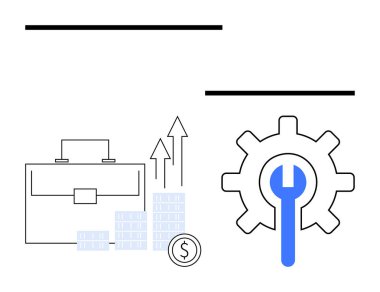 Çanta ve İngiliz anahtarıyla birlikte artan madeni para yığını. İş stratejisi, finansal başarı, yatırım, yönetim, kalkınma, ekonomik büyüme, verimlilik için ideal. Satır metaforu