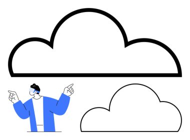 Mavi gömlekli bir kişi, geniş çizgili bulut şekillerine doğru hareket ederek beyin fırtınası ve bulut hesaplama metaforu oluşturur. Yenilik, yaratıcılık, teknoloji, beyin fırtınası, veri depolama için ideal