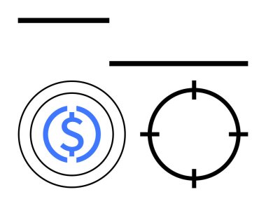 Dollar sign inside a circle next to a crosshair symbol with horizontal bars. Ideal for business, marketing, finance, strategy, investment, economics, and goal-setting. Line metaphor clipart