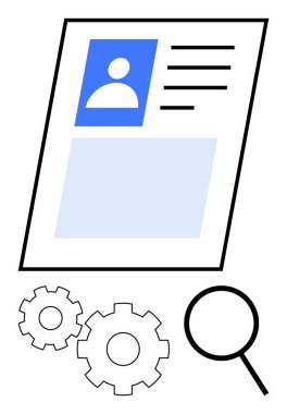 Profil sayfası düzeni, büyüteç ve iki vites. İşe alım, özgeçmiş analizi, iş başvuruları, HR süreçleri, dijital dökümantasyon SEO optimizasyon yazılımı geliştirme için ideal. Çizgi