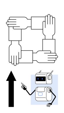 Bir karede birbirine kenetlenmiş dört el, bir robotun yukarıyı işaret eden bir ok üzerinde birlik sembolü oluşturuyor. Takım çalışması, işbirliği, teknoloji, yenilik, ilerleme, birlik, iletişim için ideal