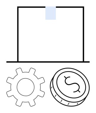 İçinde bant, dişli dişli çark ve dolar parası olan bir paket. Lojistik, verimlilik, finans hizmetleri, iş operasyonları, tedarik zinciri ekonomik büyüme ticareti için idealdir. Satır metaforu