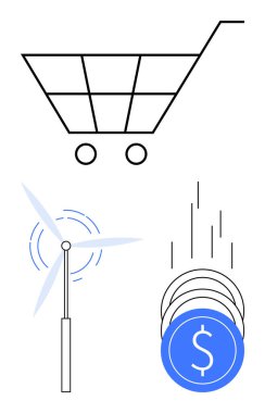 Alışveriş arabası, rüzgar türbini ve e-ticaret, yenilenebilir enerji ve finansal büyümeyi gösteren düşen paralar. Sürdürülebilirlik, yatırım, teknoloji, ekonomi perakende girişimciliği için ideal yeşil