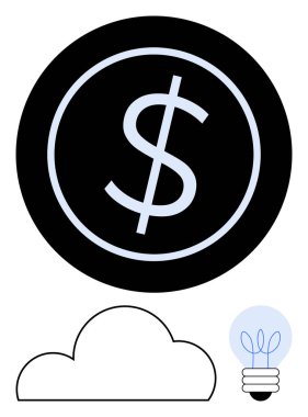 Siyah çemberin içindeki dolar sembolü iş dünyasını, bulut anahatları teknolojiyi, fikirler ve yenilikler için ampulü temsil ediyor. Finans, teknoloji, yenilik, iş stratejileri ve yatırımlar için ideal