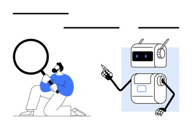Bir robotun yanında büyüteç tutan adam veriyi işaret ediyor. Teknoloji, yapay zeka yardımı, veri analizi, araştırma, takım çalışması, yenilik ve modern çözümler için idealdir. Satır metaforu