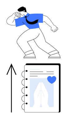 Dua eden elleri ve kalp ikonuyla açık bir spiral defter üzerinde zafer işareti yapan bir adam. Motivasyon, başarı, maneviyat, iyimserlik, hedef belirleme, kişisel gelişim ve ilham için idealdir. Çizgi