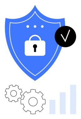 Kilit simgesi, dişliler, büyüme çubukları ve işaretli mavi kalkan. Siber güvenlik, sistem koruması, veri güvenliği, teknoloji güvenlik performansı güvenilirliği için ideal. Satır metaforu