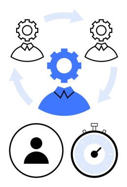 Vitesli insan figürleri işbirliğini temsil ediyor, maviler içinde merkezi bir figür, iş akışını gösteren oklar, zaman yönetimini gösteren saat. Takım yönetimi, süreç verimliliği ve verimlilik için ideal