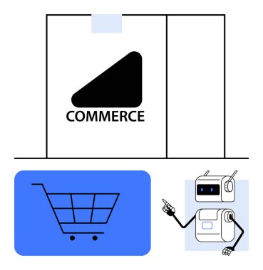 Mavi meydanda alışveriş arabası, soyut şekilli siyah ticari metin, yapay zeka robot hareketi. E-ticaret, pazarlama, yapay zeka teknolojisi, robotik, yenilik, dijital çözümler, teknoloji eğilimleri için ideal