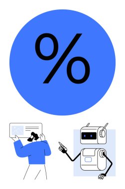 Mavi daireli kişide yüzde işareti iş verilerini sunan robot bilgi sağlıyor. İş, finans, teknoloji, veri analizi, sunumlar, yapay zeka, eğitim için idealdir. Satır metaforu