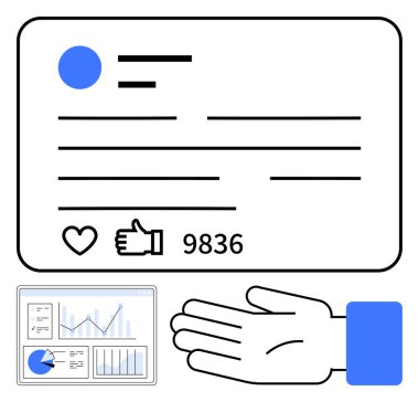 Başparmakları, yorumları ve analitik grafikleri olan sosyal medya kartı. Temalar sosyal medya, dijital pazarlama, katılım, analitik, veri görselleştirme kullanıcı etkileşimi çevrimiçi varlık. Satır metaforu